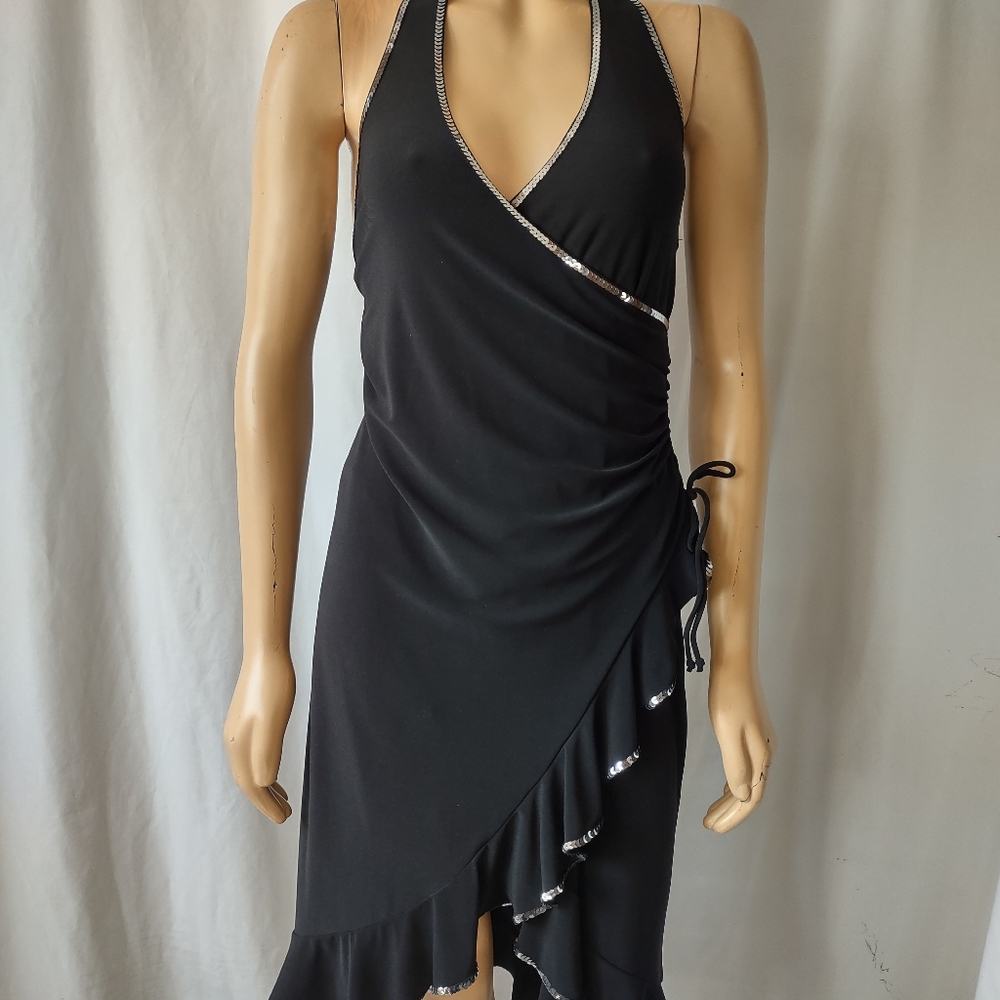 Vintage Y2K Black Sequin Halter Wrap Dress Made in USA Jump! Medium